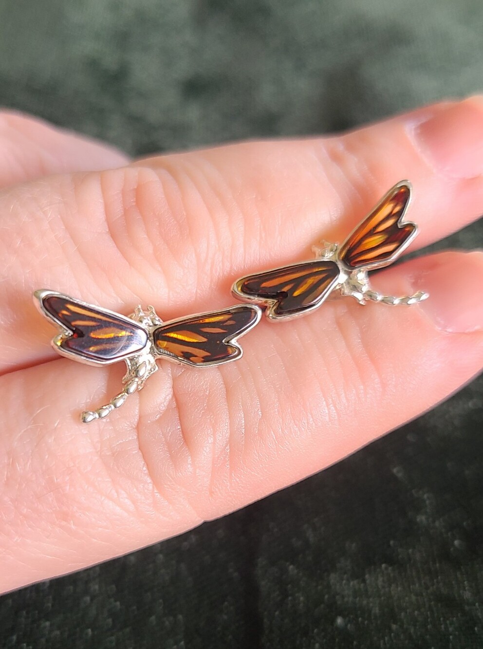 Sterling Silver Amber Butterfly Wing Stud Earrings